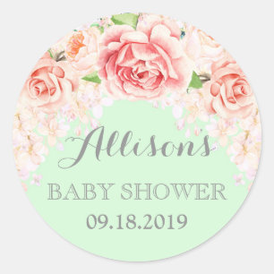 Pink Mint Watercolor Flowers Baby Shower Favour Classic Round Sticker