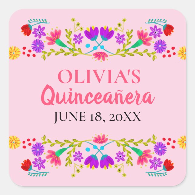 Pink Mis Quince Anos Mexican Fiesta Floral Square Sticker (Front)