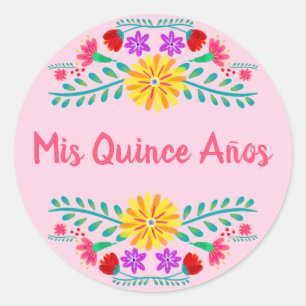 Pink Mis Quince Anos Mexican Fiesta Flowers Classic Round Sticker
