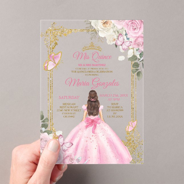 Pink Mis Quince Crown Gold Quinceañera Butterfly Acrylic Invitations (Insitu (Handheld))