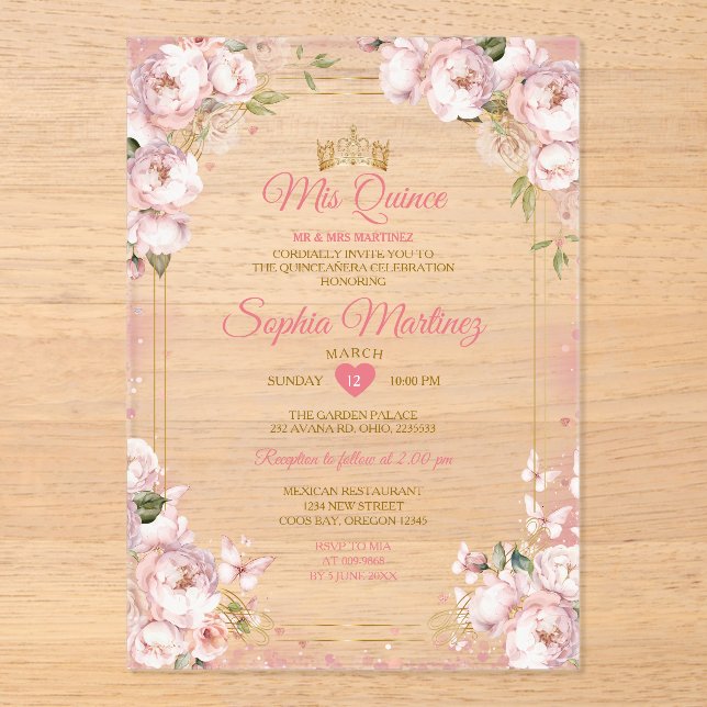 Pink Mis Quince Crown Gold Quinceañera Butterfly Acrylic Invitations (Front)