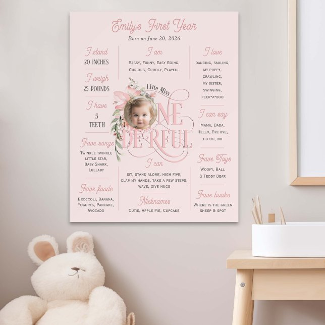 Pink Miss Onederful 1st birthday photo milestone Print (Pink 1st birthday milestone poster. Little MIss Onederland themed Baby Girl one year stats poster.)