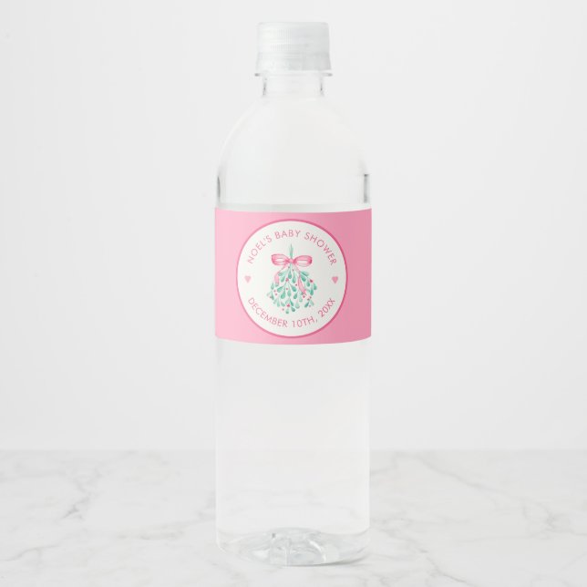 Pink Mistletoe Baby Shower Water Bottle Label (Front)