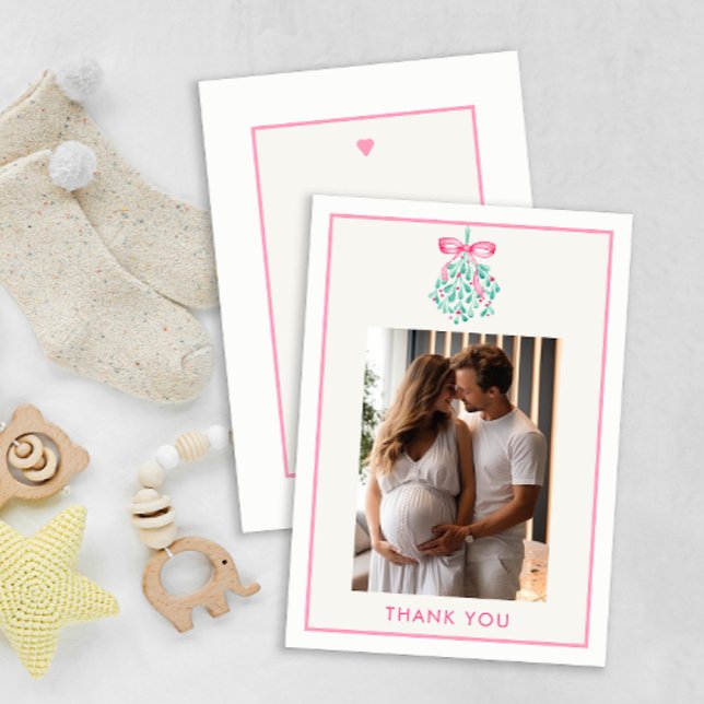 Pink Mistletoe Christmas Baby Shower Thank You (Photo Baby Shower, under the mistletoe thank you card - Baby Girl)