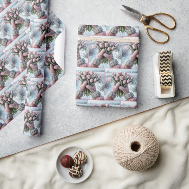 Pink Mittens Holding Tulip Bouquet Wrapping Paper (Crafts)