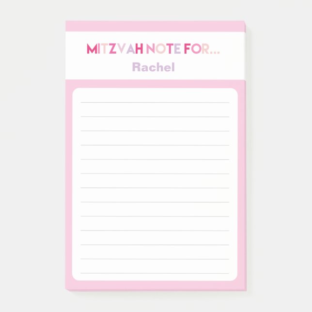Pink Mitzvah Note: 4x6 Sticky Pad Post-it Notes (Front)