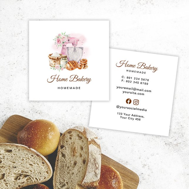 Pink Mixer Sourdough Bread Bakery Square Business Card (Creator Uploaded)