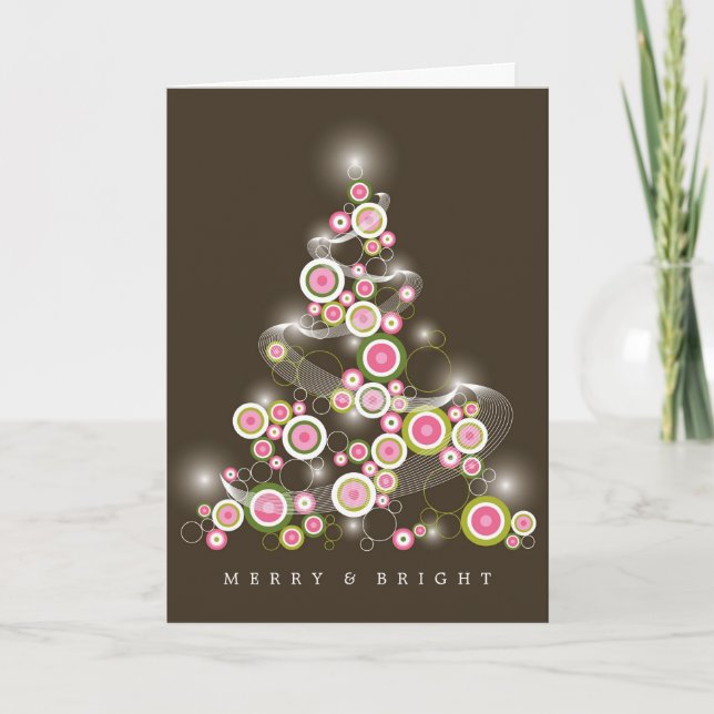 Pink Mod Circles Glowing Abstract Christmas Tree Holiday Card (Front)