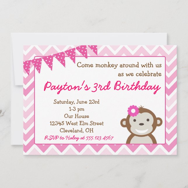 Pink Mod Monkey Birthday Party Invitation (Front)