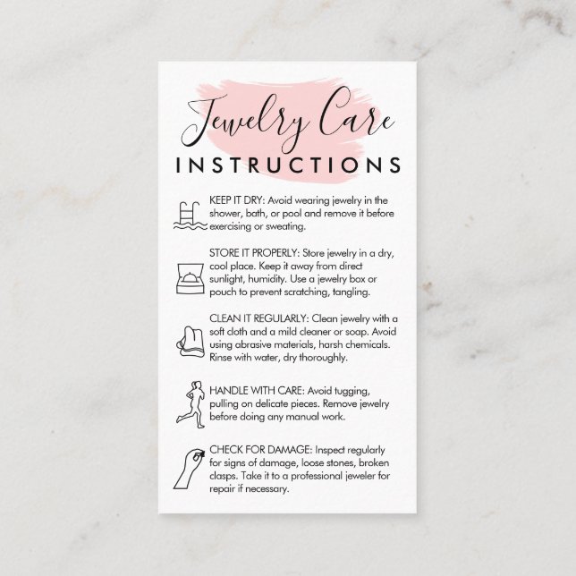 Pink Modern 5 Jewellery Care Instructions Business Card (Back)