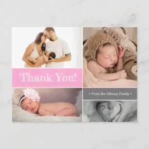 Pink Modern baby boy photo collage Baby Shower Postcard