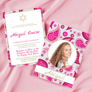 Pink Modern Bat Mitzvah Photo Invitation