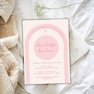 Pink Modern Boho Arch Cross Girl Baptism Invitation