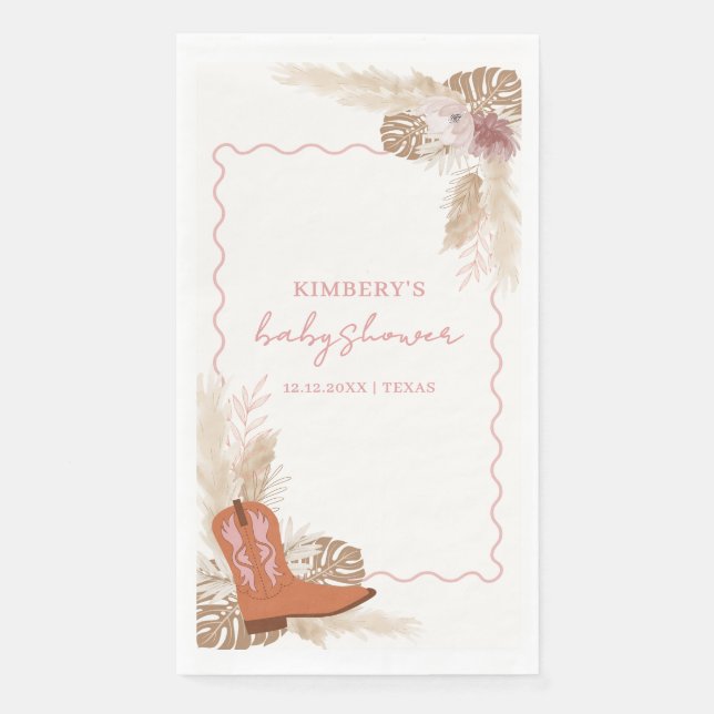 Pink Modern Boho Cowgirl Boots Pampas Baby Shower  Napkin (Front)