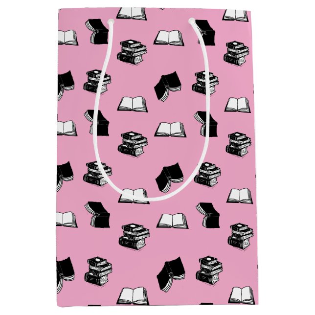 Pink Modern Bookish Bibliophile Book Pattern Medium Gift Bag (Front)