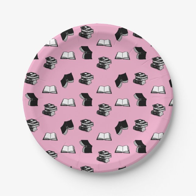 Pink Modern Bookish Bibliophile Book Pattern Paper Plate (Front)
