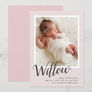 Pink Modern Calligraphy Photo Birth Announcement