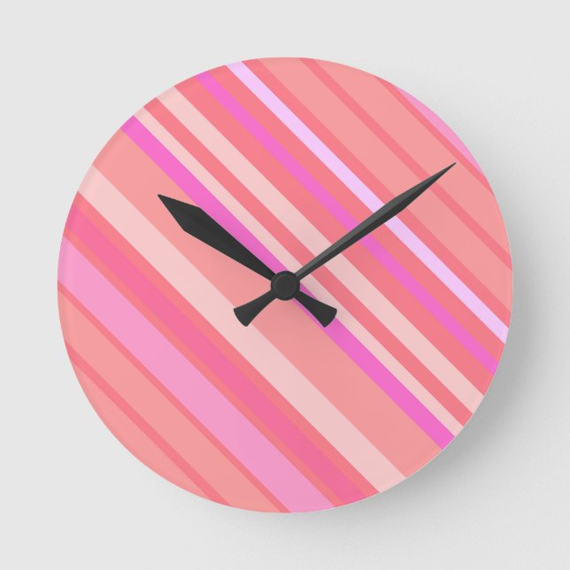 Pink Modern Chic Diagonal Stripes Round Clock (Front)