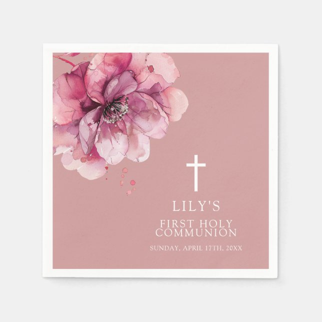 Pink Modern Chic Watercolor Floral Holy Communion Napkin (Front)