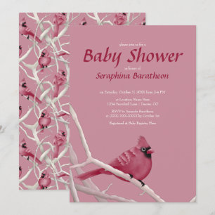 Pink Modern Christmas Cardinal Bird Baby Shower Invitation