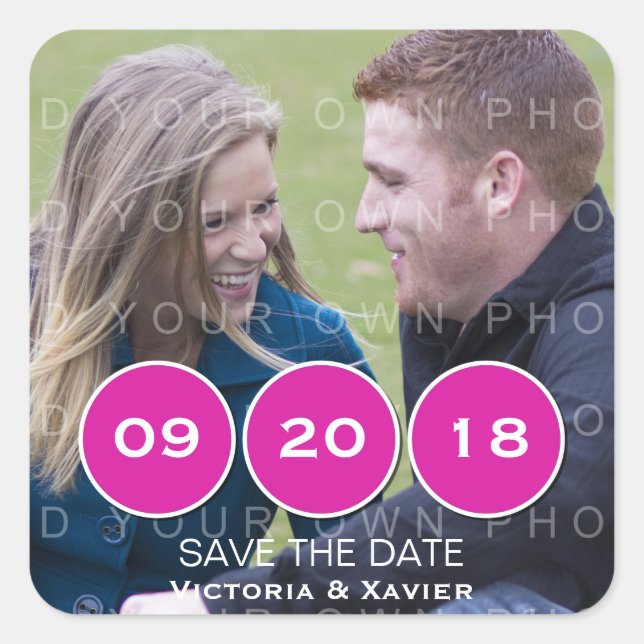 Pink Modern Circles Photo Save the Date Stickers (Front)