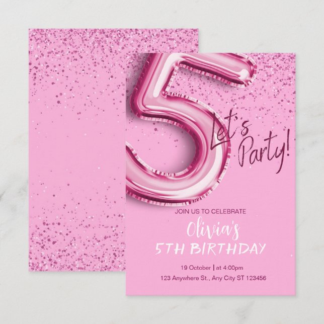 Pink modern Confetti 5th Birthday  Invitation (Front/Back)