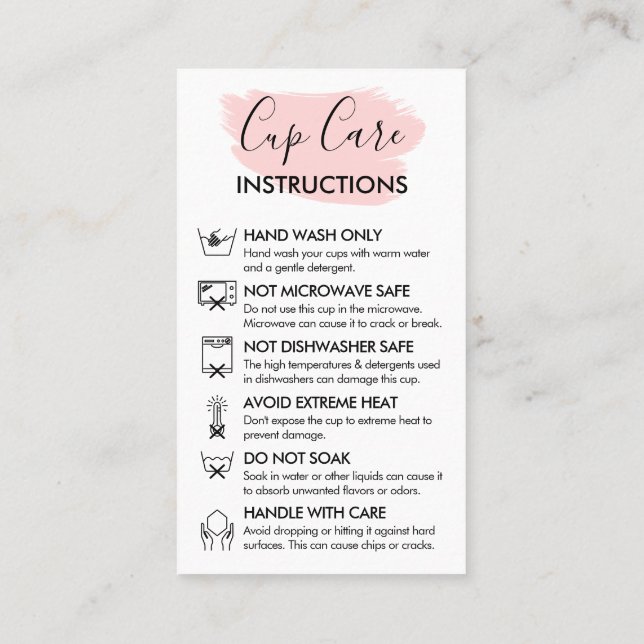 Pink Modern Cup Care Instruction Customisable Logo Business Card (Back)
