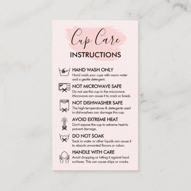 Pink Modern Cup Cares Instructions Business Card (Back)