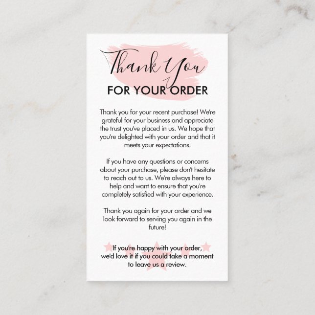 Pink Modern Customisable Logo Thank You for Order Business Card (Back)