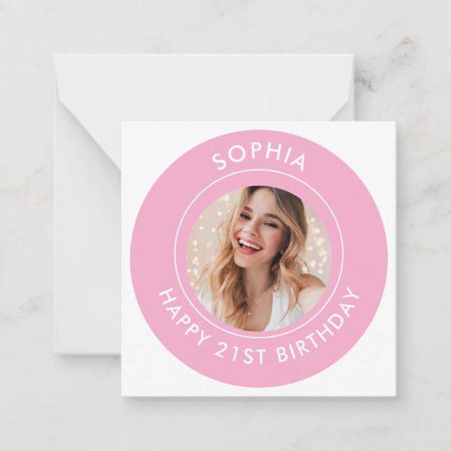 Pink Modern Cute Girl Happy 21st Birthday Photo Card (Front)