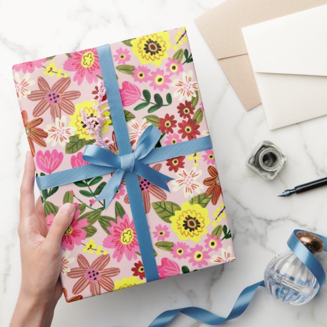 Pink modern daisy floral easter spring pattern wrapping paper (Gifting)