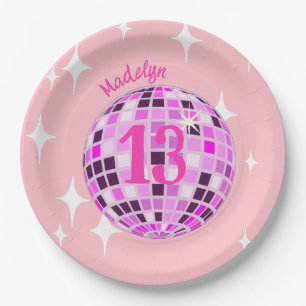 Pink Modern Disco Mirror Ball 13th Birthday Paper Plate