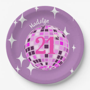 Pink Modern Disco Mirror Ball 21st Birthday Paper Plate