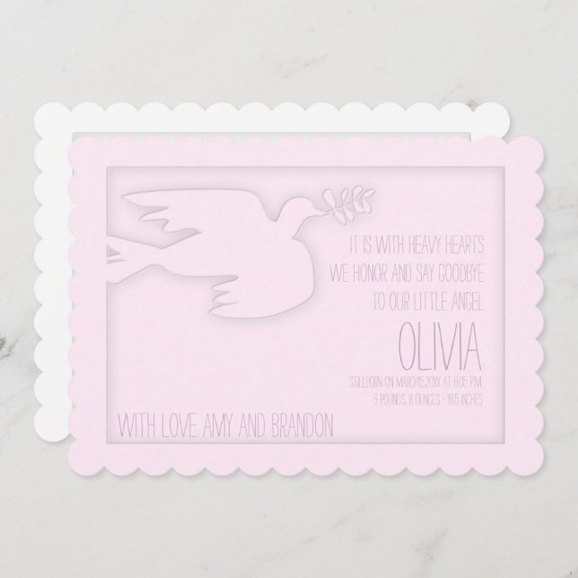 Pink Modern Dove Baby Custom Celebration of Life Invitation (Front/Back)