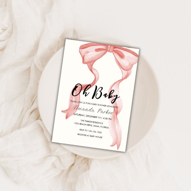 Pink Modern Elegant Bow Girl Baby Shower Invitation (Pink Modern Elegant Bow Girl Baby Shower Invitation)
