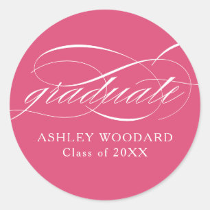Pink Modern Elegant Script Graduation Classic Round Sticker
