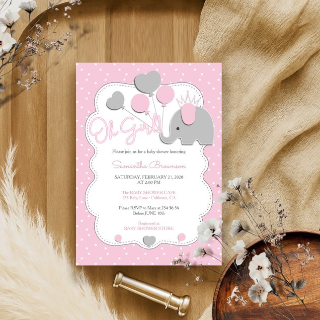 Pink Modern Elephant Crown Oh Girl Baby Shower Invitation (Creator Uploaded)