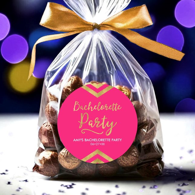 Pink Modern Faux Gold Chevron Bachelorette Party Classic Round Sticker (Creator Uploaded)