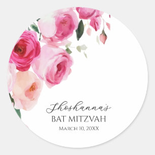 Pink Modern Floral Bat Mitzvah Classic Round Sticker