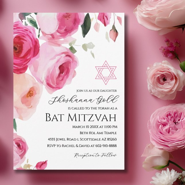 Pink Modern Floral Bat Mitzvah Invitation (Creator Uploaded)