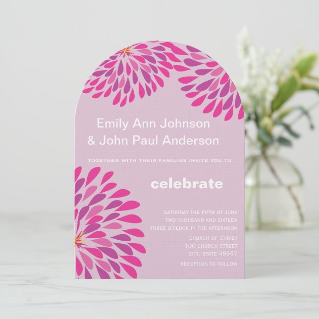 Pink Modern Floral Chrysanthemum Wedding Invitation (Standing Front)