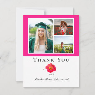 Pink Modern Floral Photo Collage Graduation Thank You Card