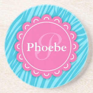 Pink Modern Flower Monogram Aqua Blue Zebra Print Coaster