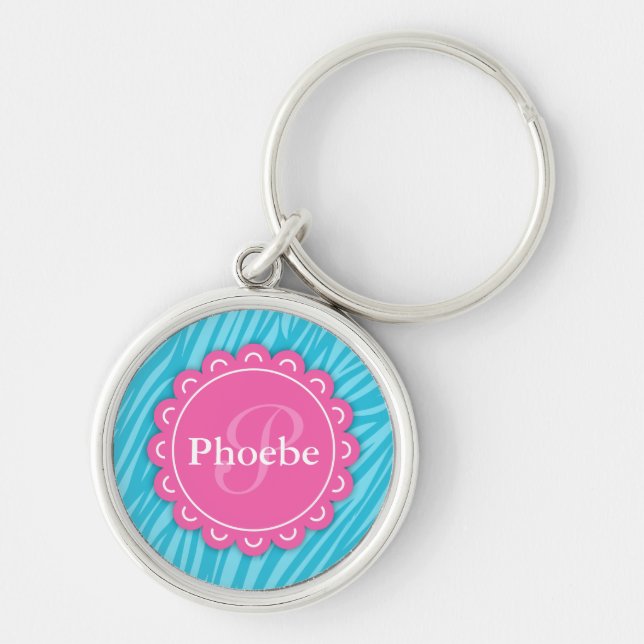 Pink Modern Flower Monogram Aqua Blue Zebra Print Key Ring (Front)