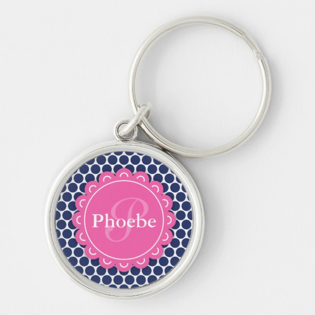 Pink Modern Flower Monogram Blue Polka Dot Pattern Key Ring (Front)