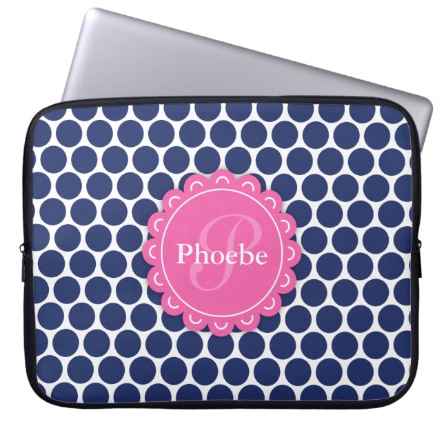 Pink Modern Flower Monogram Blue Polka Dot Pattern Laptop Sleeve (Front)
