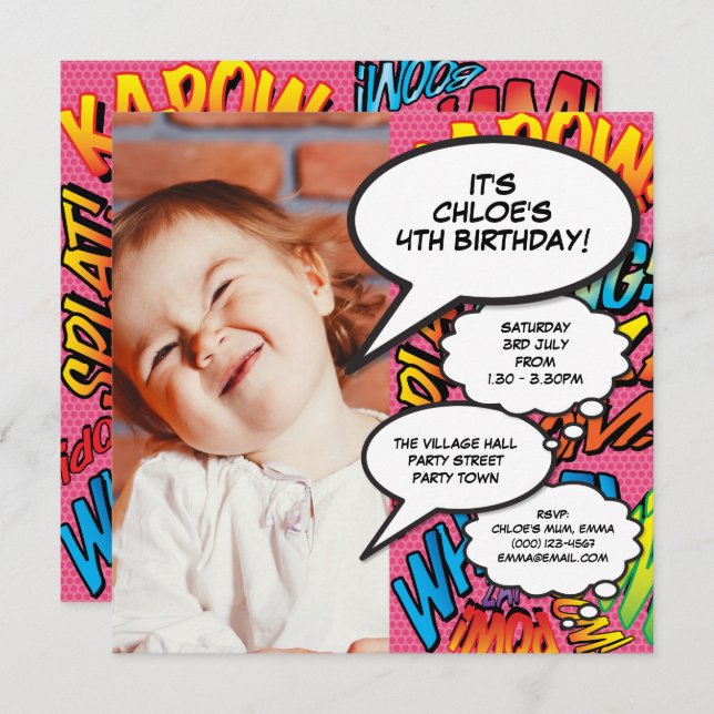 Pink Modern Fun Photo Birthday Party Any Age Invitation (Front/Back)
