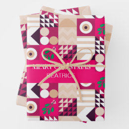 Pink Modern Geometric Christmas Named Wrapping Paper Sheet