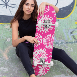 Pink Modern Girly Abstract Trendy Cool Floral Skateboard