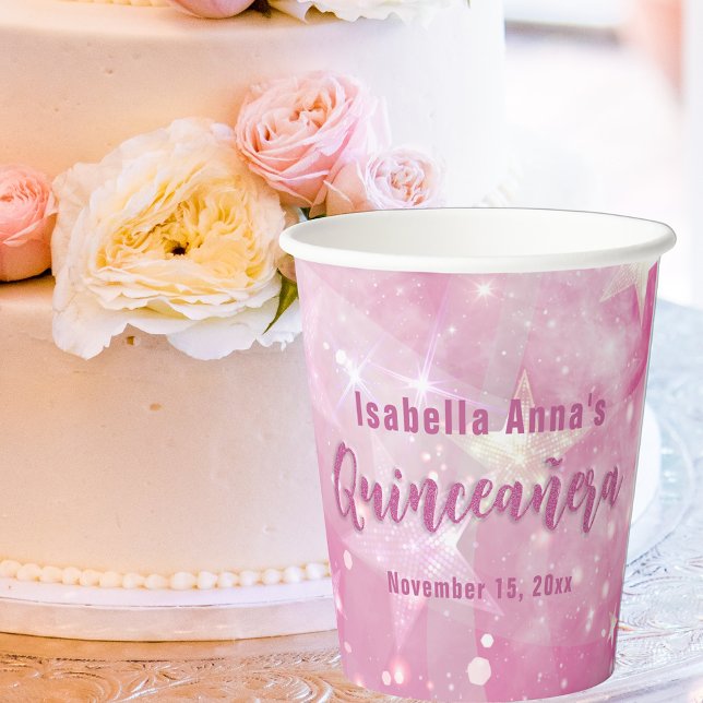 Pink Modern Glam Gleaming Starry Quinceañera Paper Cups (Creator Uploaded)